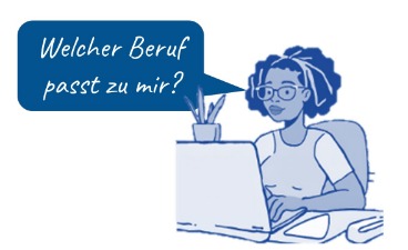 Strichzeichnung einer jungen Frau an einem Laptop mit einer Sprechblase.