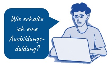 Strichzeichnung eines Mannes, der am Schreibtisch am Computer sitzt.