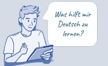 Strichzeichnung eines jungen Mannes mit einem Tablet in der Hand.