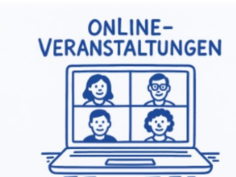 KAUSA-Onlineveranstaltungen Bild im minimalistischen Stil: ein Laptop und auf dem Bildschirm sind vier Köpfe zu sehen.