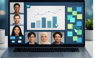 Workshopformate der Bildschirm eines Laptops ist zu sehen. Ein Meeting findet statt.