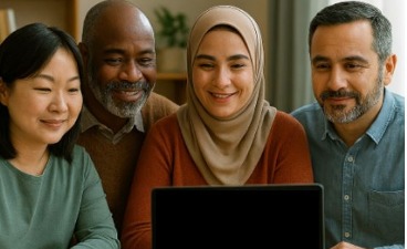 Elternabende Vier Menschen mit Migrationshintergrund sitzen gemeinsam vor einem Laptop