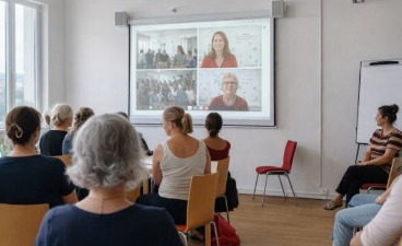 zu Gast beim Arbeitskreis „Mädchen und Beruf“ Teilnehmende der Veranstaltung sind von hinten zu sehen. Ein Beamer projiziert den Onlinevortrag an die Wand.